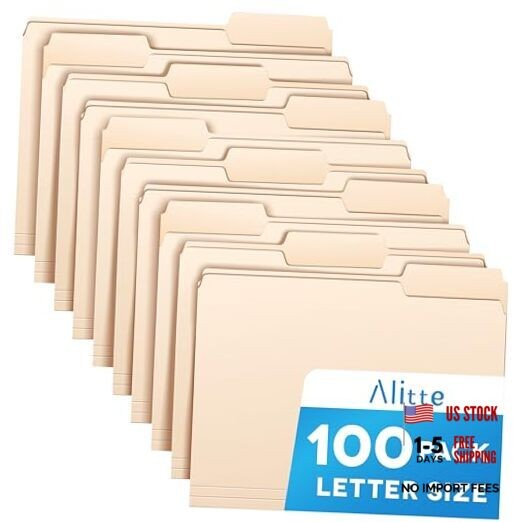 Folders 8.5 x 11, Letter Size 100-Pack - File Folders for Documents 1/3 Manila