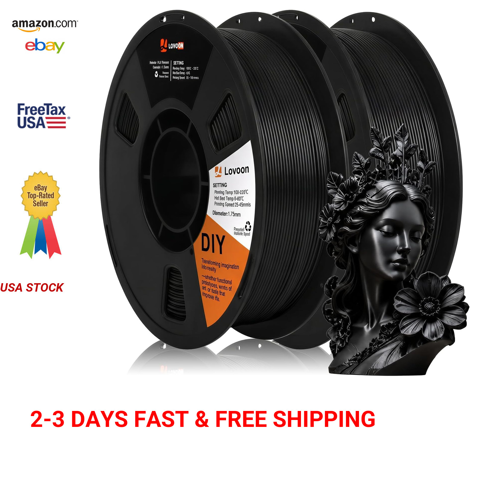 PLA Filament 1.75mm Black 2kg For 3D Printer Dimensional Accuracy +/- 0.02mm
