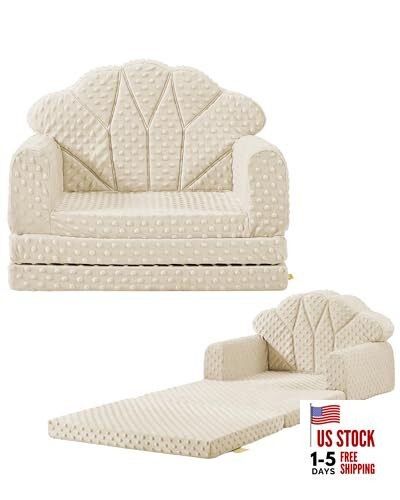 Kids Couch, 2-in-1 Soft Bubble Dot Minky Fold-Out Couch, Convertible Sofa Beige