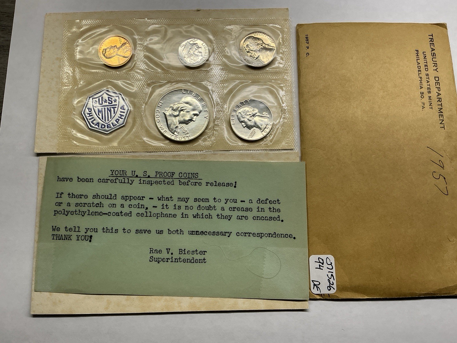 1957 US Mint Silver Proof 5 Coin Set in Flat Pack Envelope 071526 94de