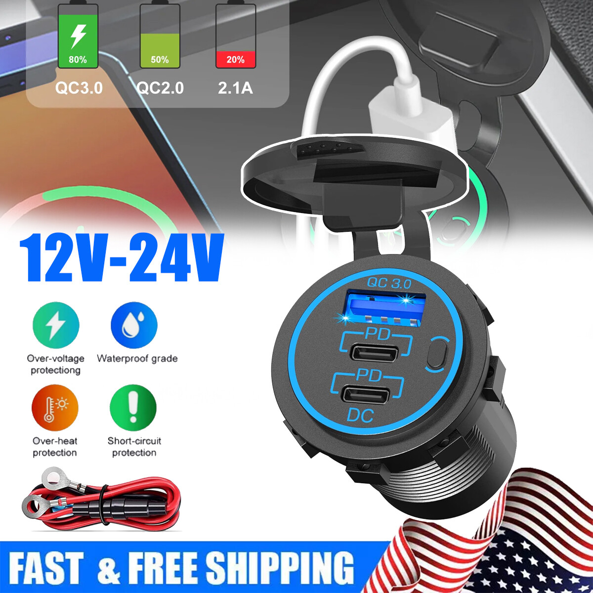 12V-24V USB C Fast Car Charger 3Port PD & QC3.0 Outlet Socket for Boat RV Marine