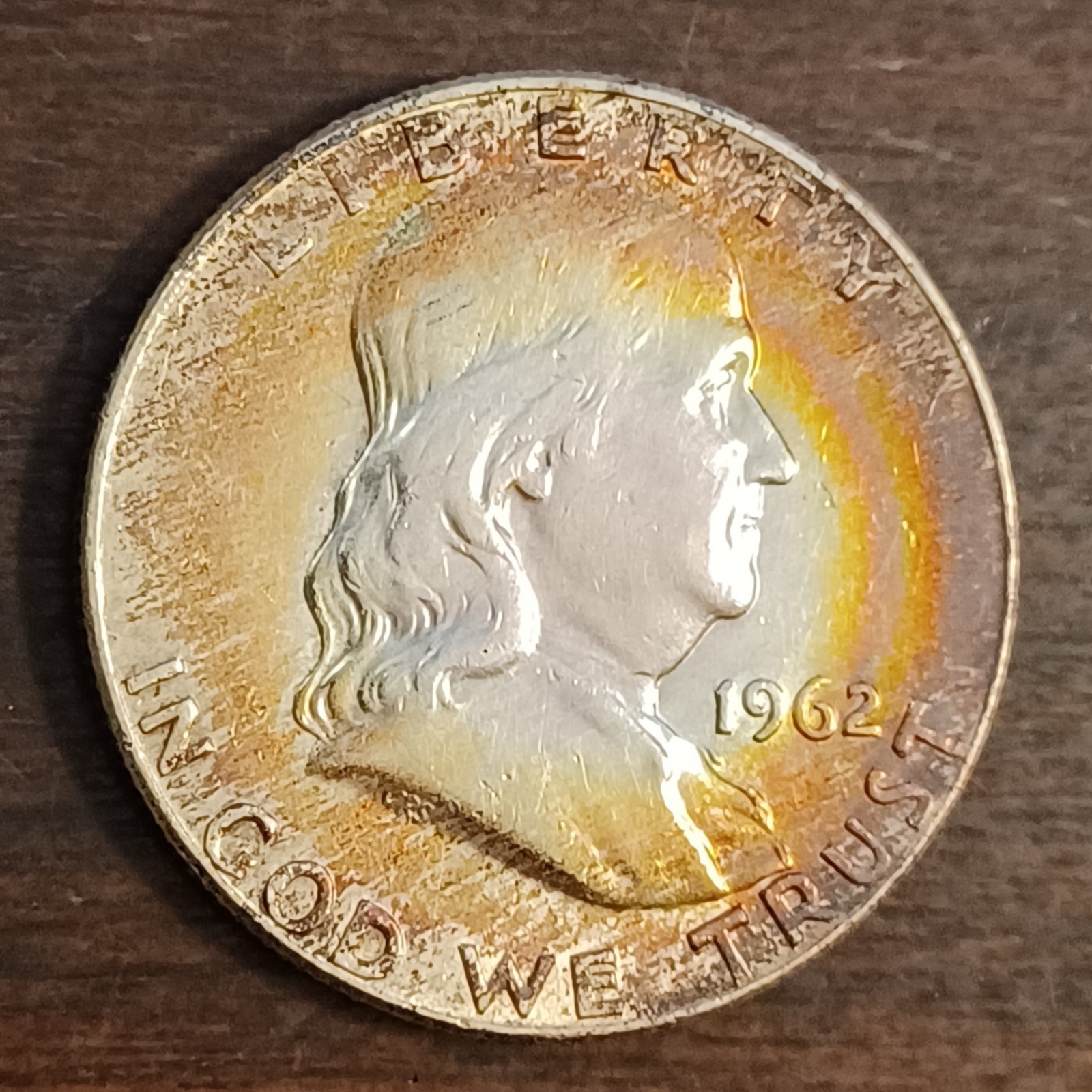 1962-D Franklin Half Dollar, 90% Silver Colorful Rainbow Toning