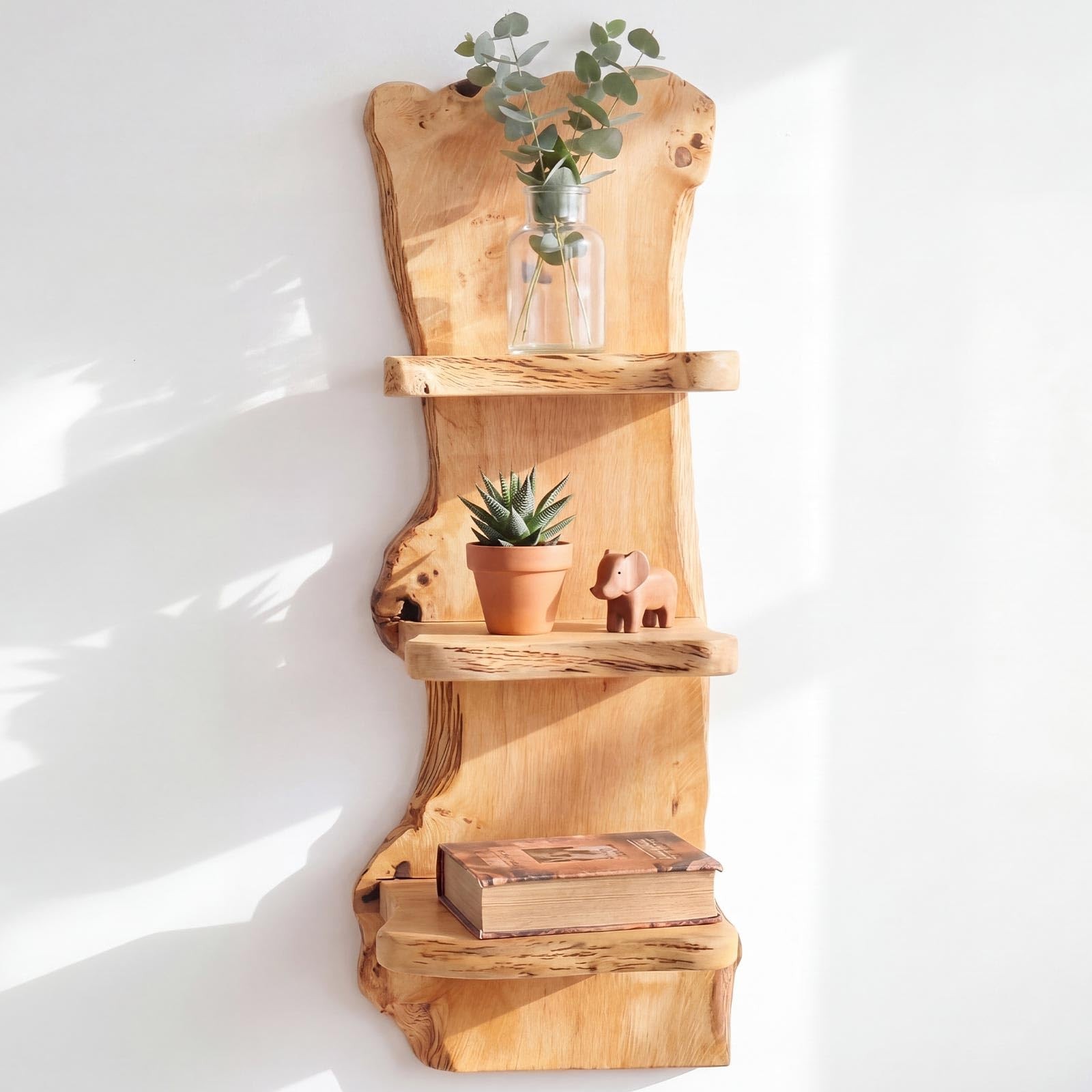 Live Edge Floating Shelf, Natural Mango Wood Wall Shelf, 3 Tier Handmade Rust...