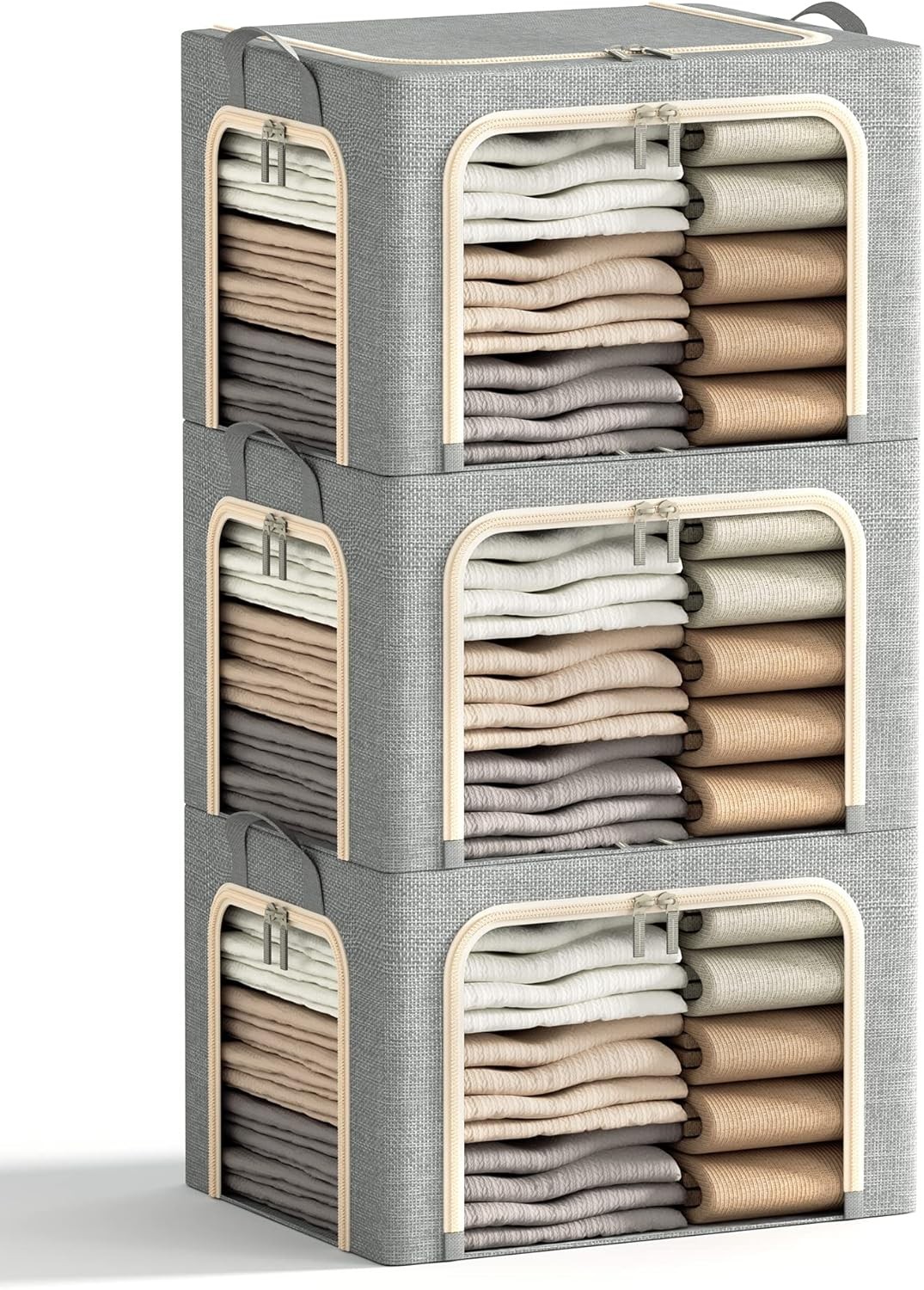 3 Metal Frame Clothing Storage Boxes (3-Piece Set, Light Gray, 40 Liters)
