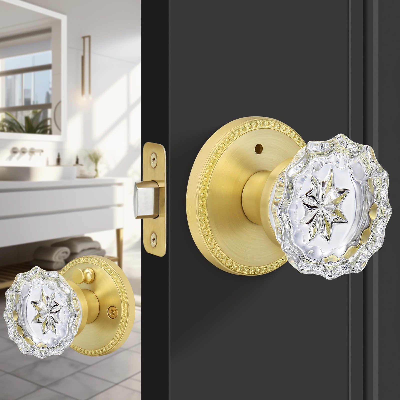 Vintage Crystal Glass Door Knob with Privacy Lock – Satin Brass Interior K