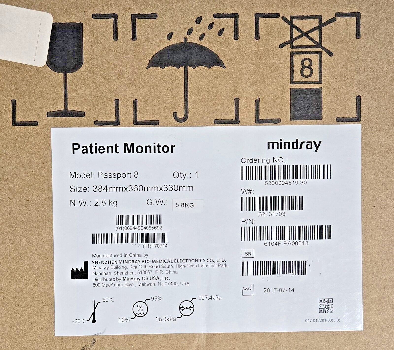 Mindray Passport 8 monitor 6104F-PA00018 ECG NIBP Masimo SpO2, NEW in Box