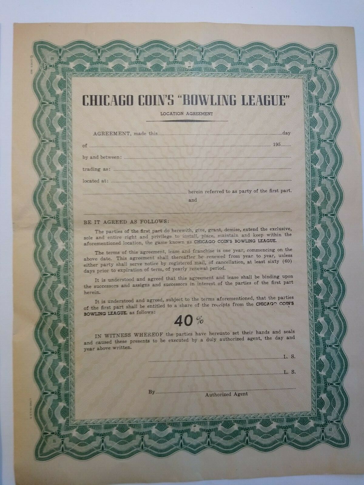 Chicago Coin Bowling League Arcade Game Bowler Alley Paper Sheet Agreement 1957