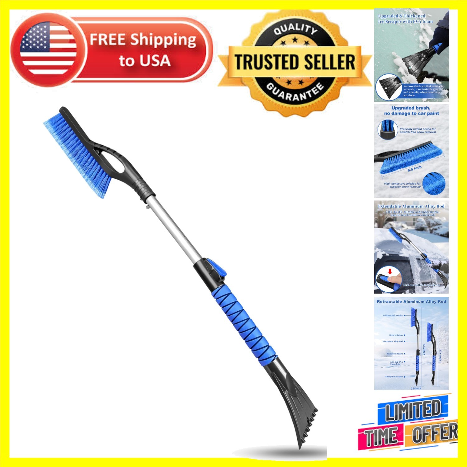Lightweight 33-Inch Snow Brush with Ergonomic Grip - Ideal for Winter Car Care