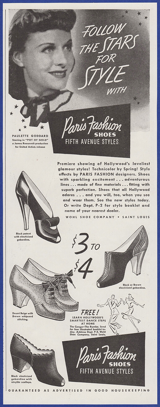 Vintage 1941 PARIS FASHION Shoes Women's Fashion Paulette Goddard 40s Print Ad