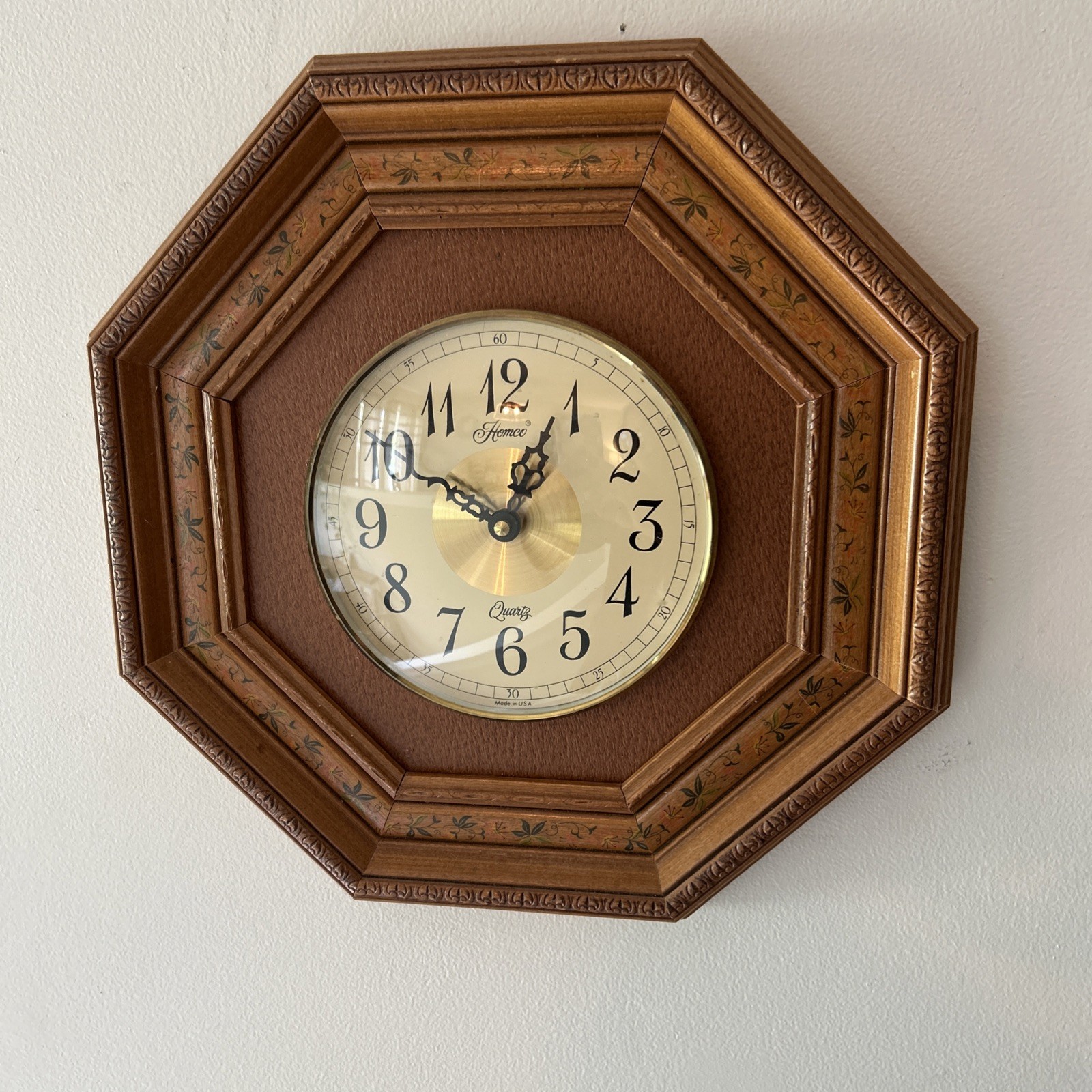 Vintage Homco Quartz Clock Wood Octagon Floral Design Tested Works 90s Grandma