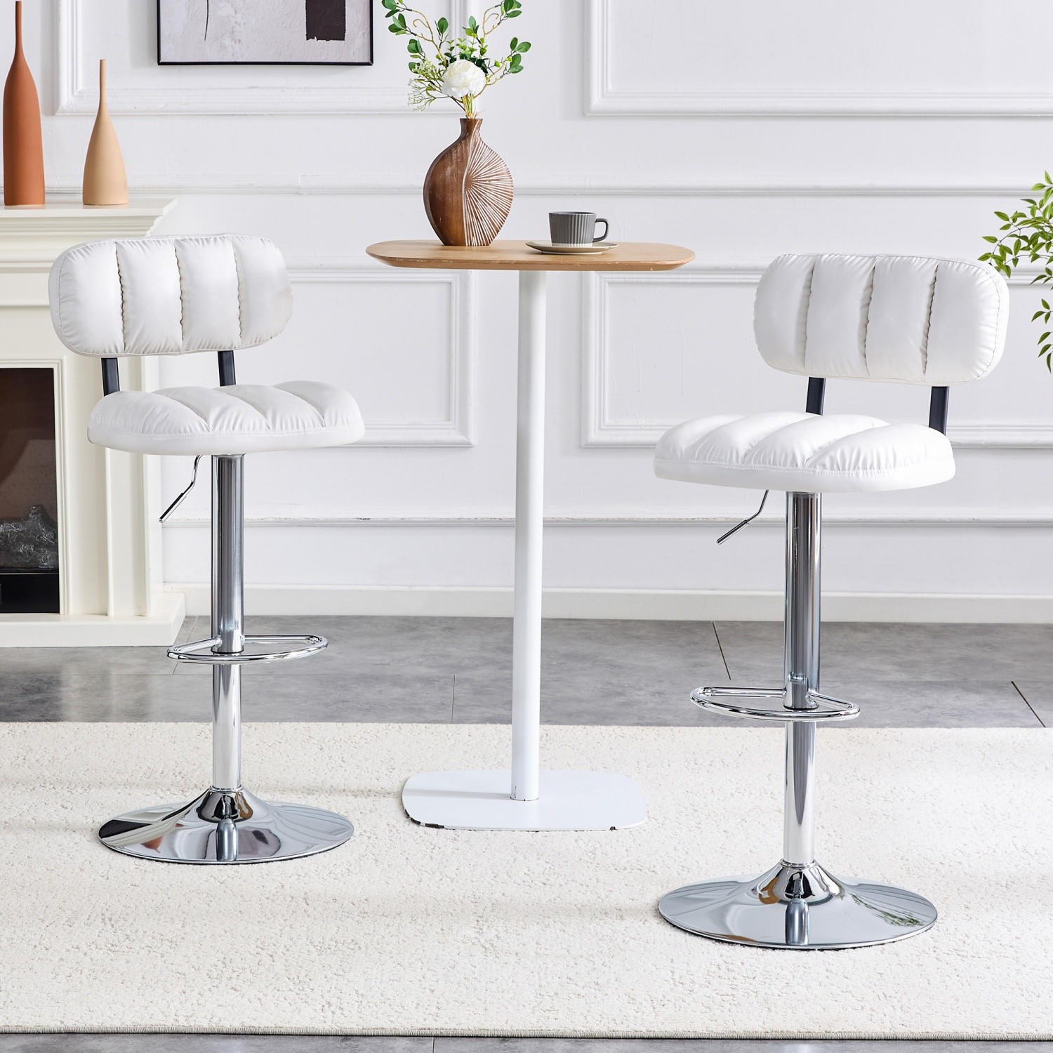 Modern Set of 2 Leather Swivel Adjustable Height Bar Stool w/ Silver Metal Base