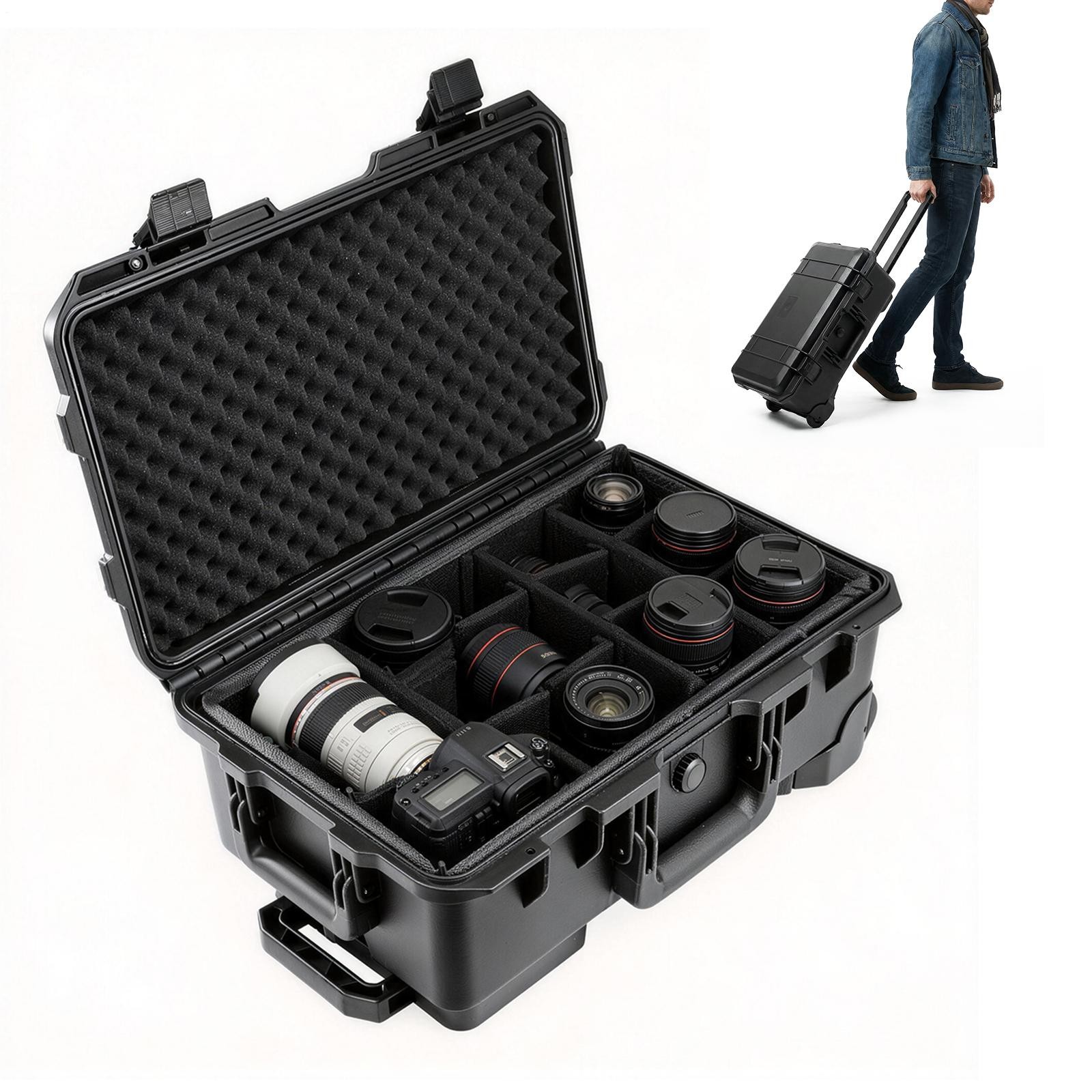 Waterproof Rolling Protective Case,Hard Compact Camera Case With Handle & Wheels
