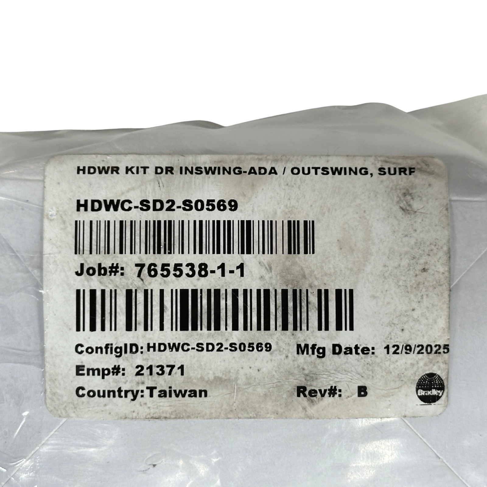 BRADLEY HDWC-SD2-S0567 HARDWARE KIT DOOR INSWING-ADA /OUTSWING SURF HINGE
