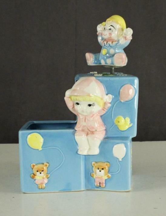 Vintage Art Japan Rubens Ceramic BABY Blocks Blue Clown Musical Lullaby Planter