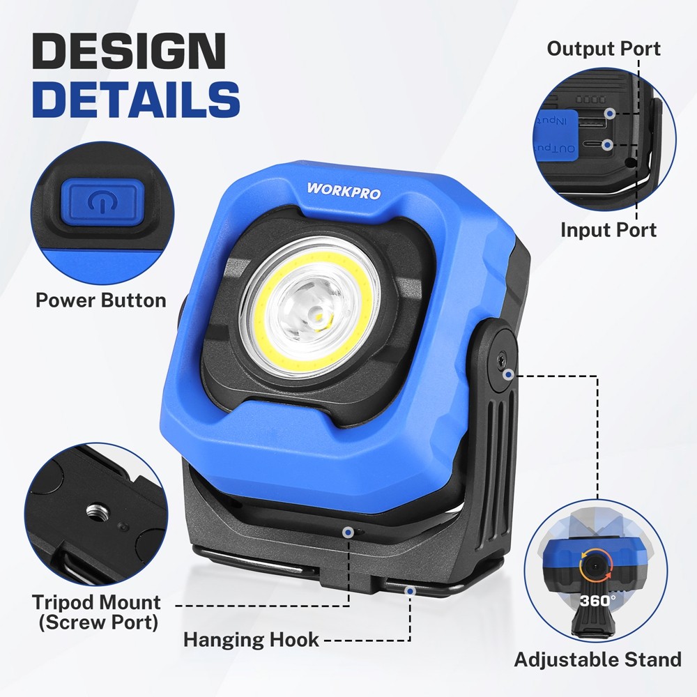 WORKPRO 1200LM LED Magnetic Light Rechargeable Work Light Portable Flood Lamp