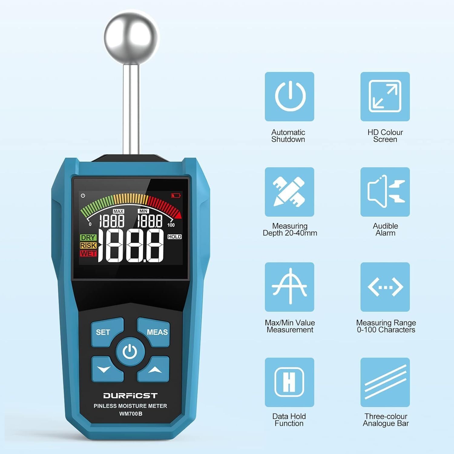 Wood Moisture Meter, DURFICST Pinless Moisture Meter with Colour LCD Display and