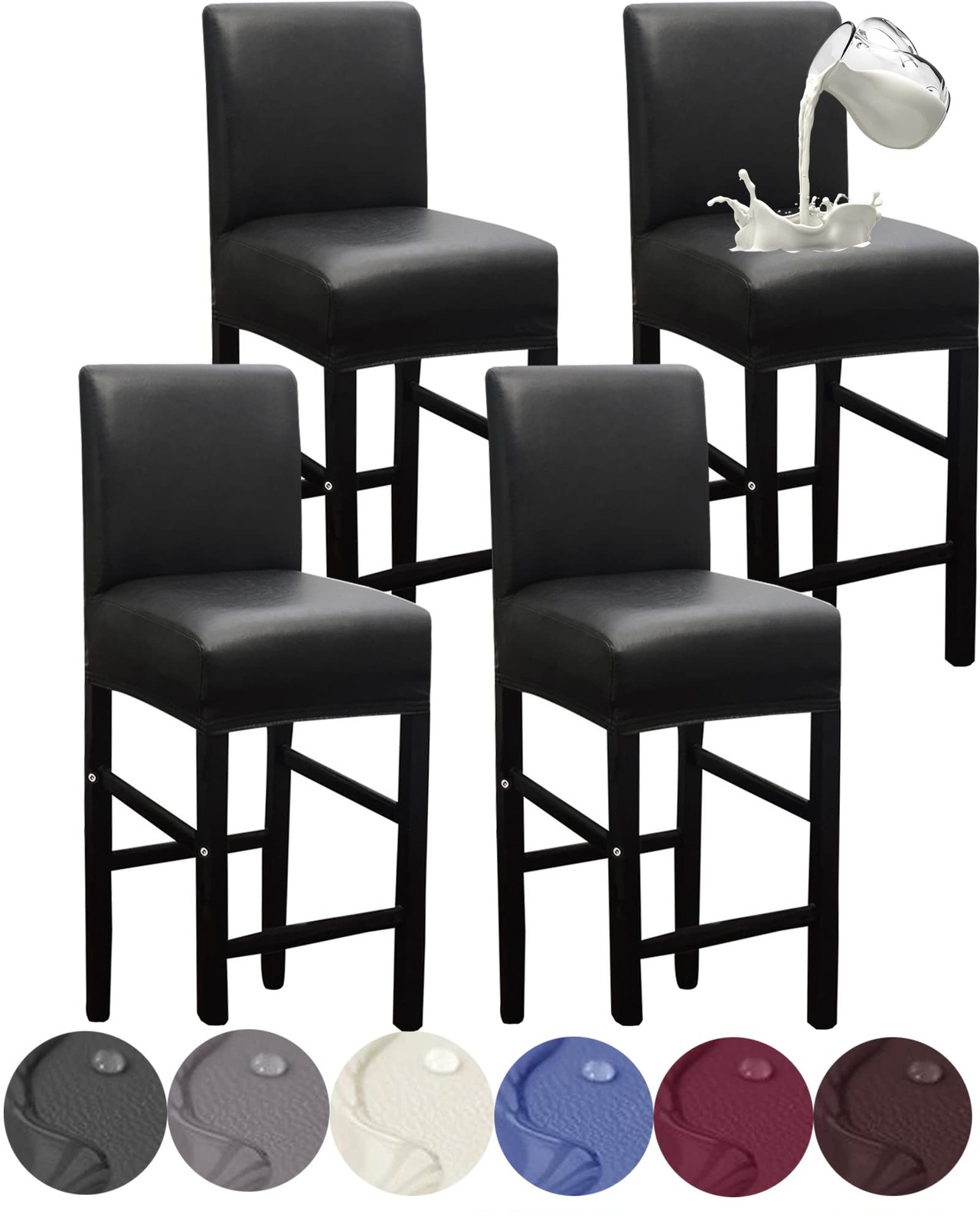 HFCNMY Bar Stool Covers,4 Pack Stretch Waterproof PU Covers Black