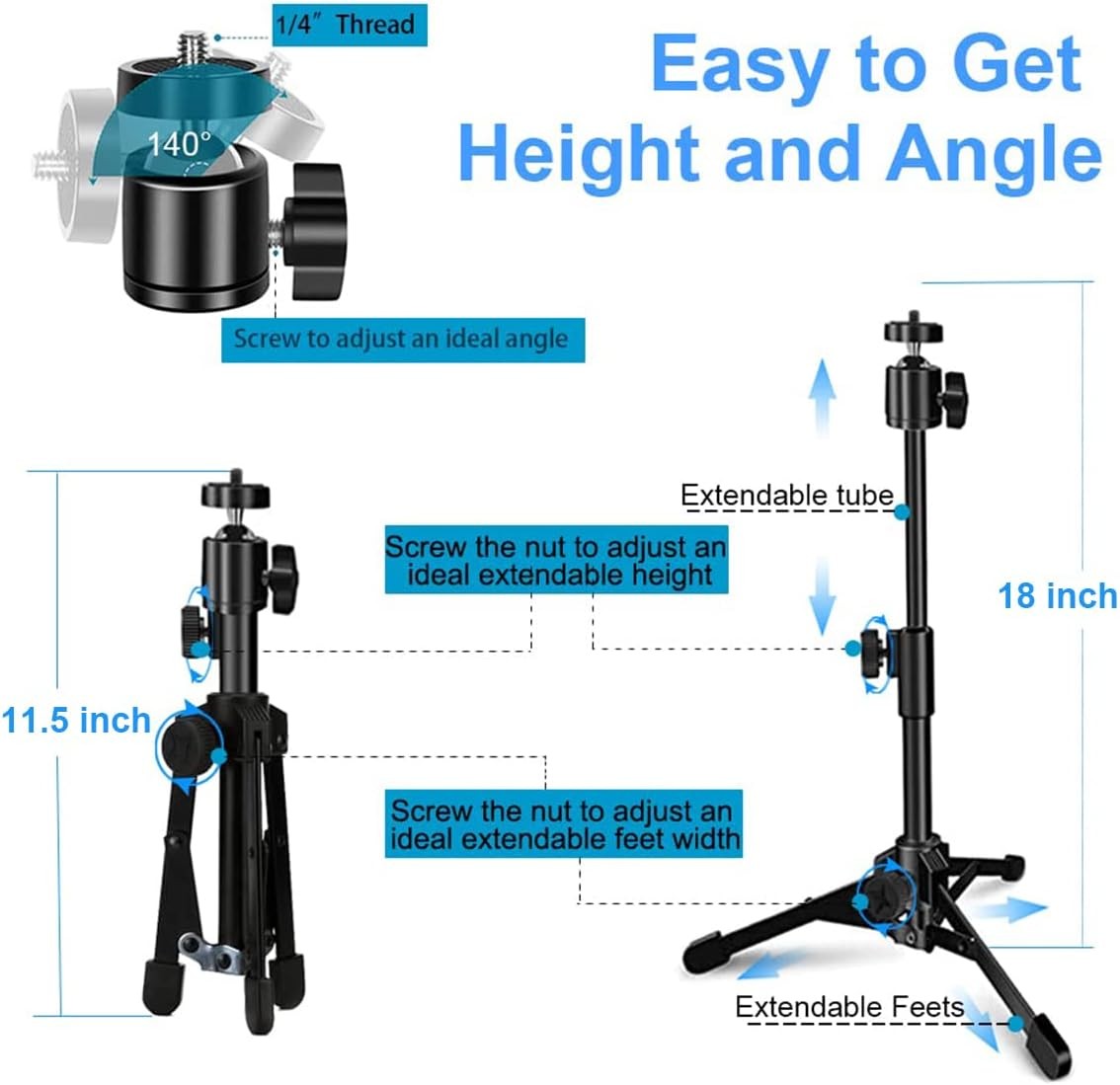 Webcam Tripod Stand Extendable Desktops Tripod for Camera/Phone/Webcam