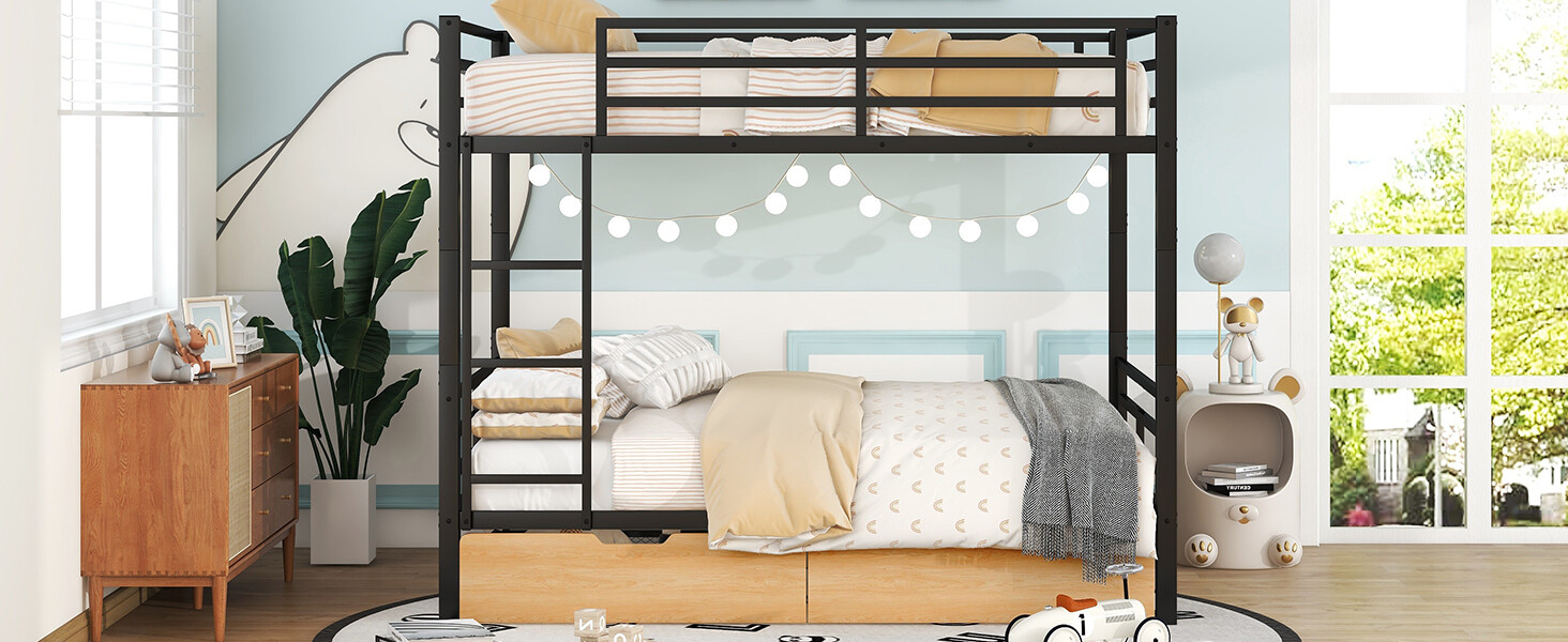 Metal Bed Frame Full Size Convertible Bunk Bed with 2 Drawers for Bedroom Black