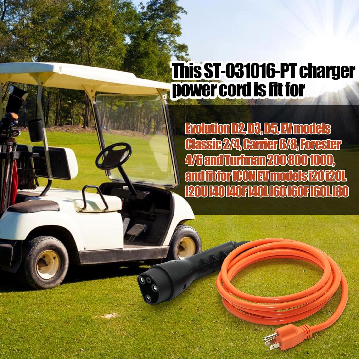For Evolution ICON EV Golf Carts 120V 3 Pin Power Charging Cord ST-031016-PT