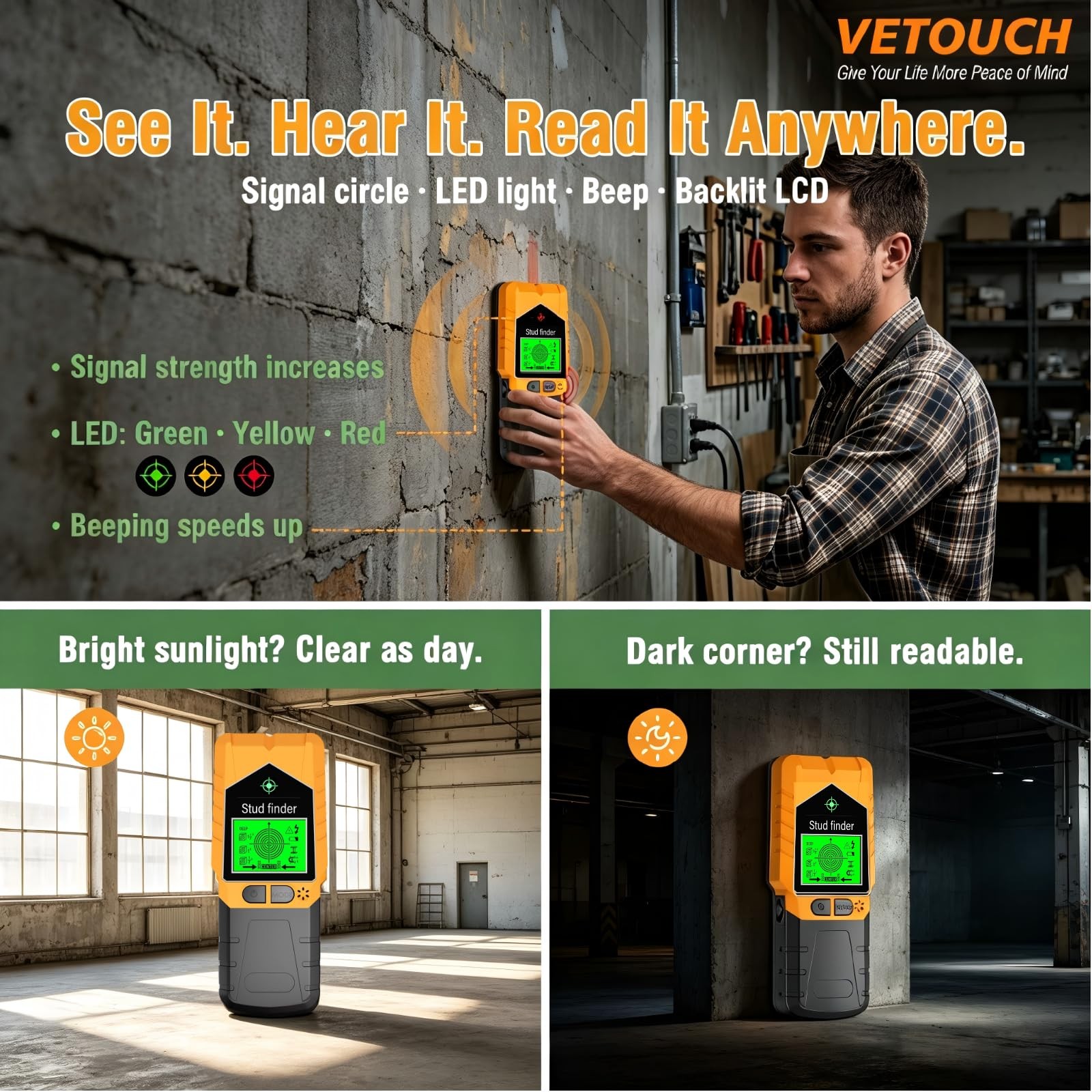 VETOUCH Orange Black Stud Finder Wall Scanner LCD Display