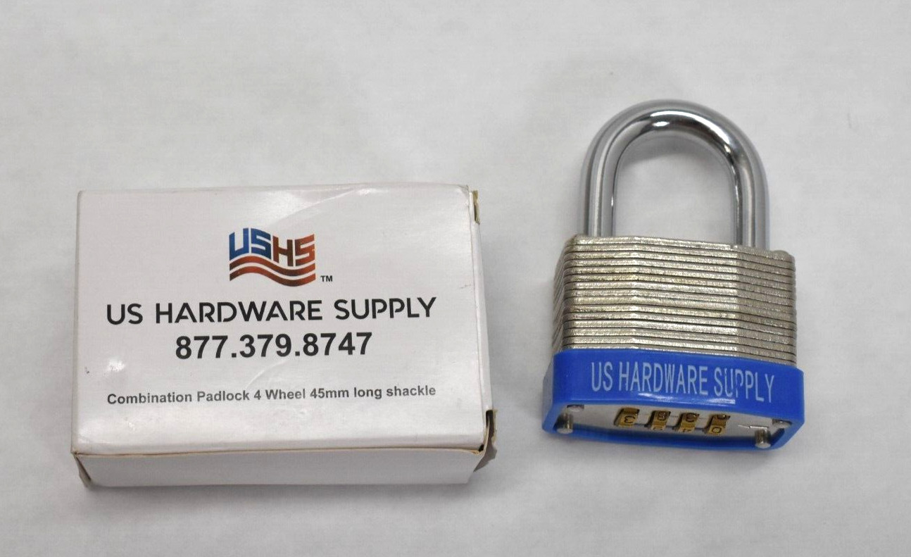 US Hardware Supply 45mm 4 Digit Wheels Combination Padlock Steel Long Shackle