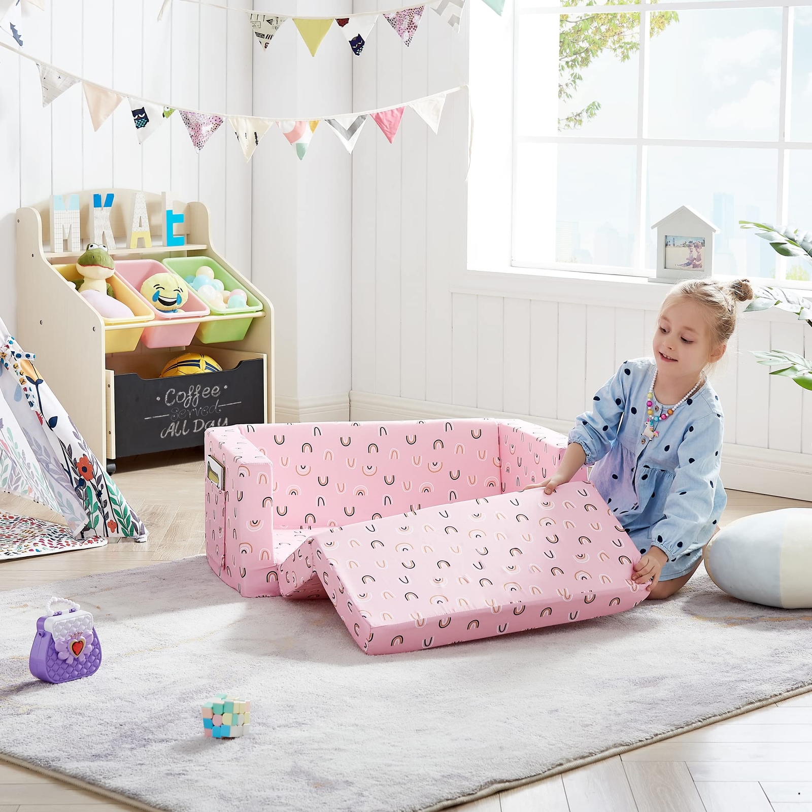 Kids Fold Out Couch 2-in-1 Children Convertible Sofa to Lounger with Soft Plu...