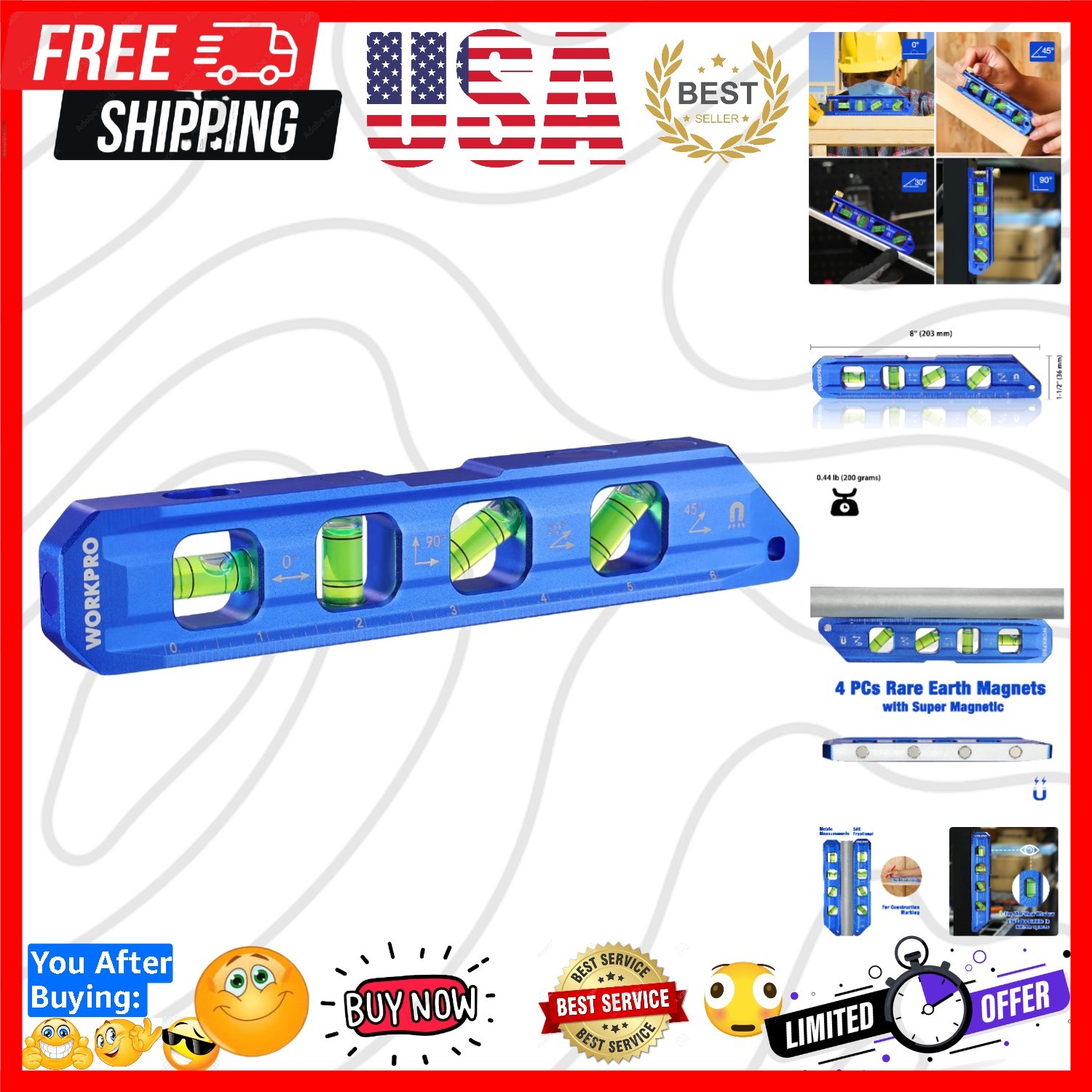 8-Inch Magnetic Torpedo Level, Aluminum Alloy Construction, 4 Bubble Vials fo...