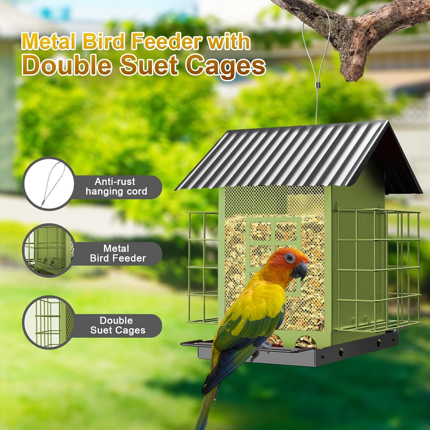 Bird Feeders for Outdoors Hanging, Metal Feeder with Double Suet Green