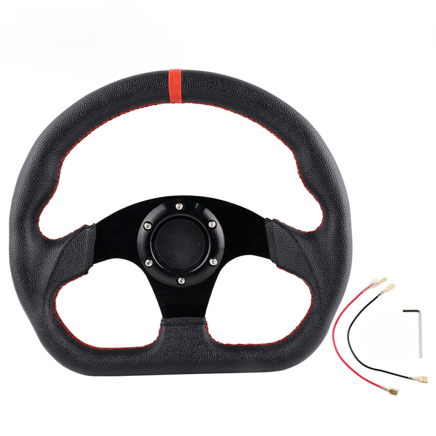 Flat Drift Racing Steering Wheel Leather Universal  D Shape 6 Holes Horn Button