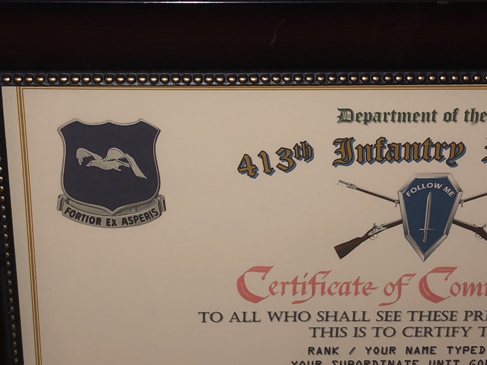 413TH INFANTRY REGIMENT / COMMEMORATIVE - CERTIFICATE OF COMMENDATION