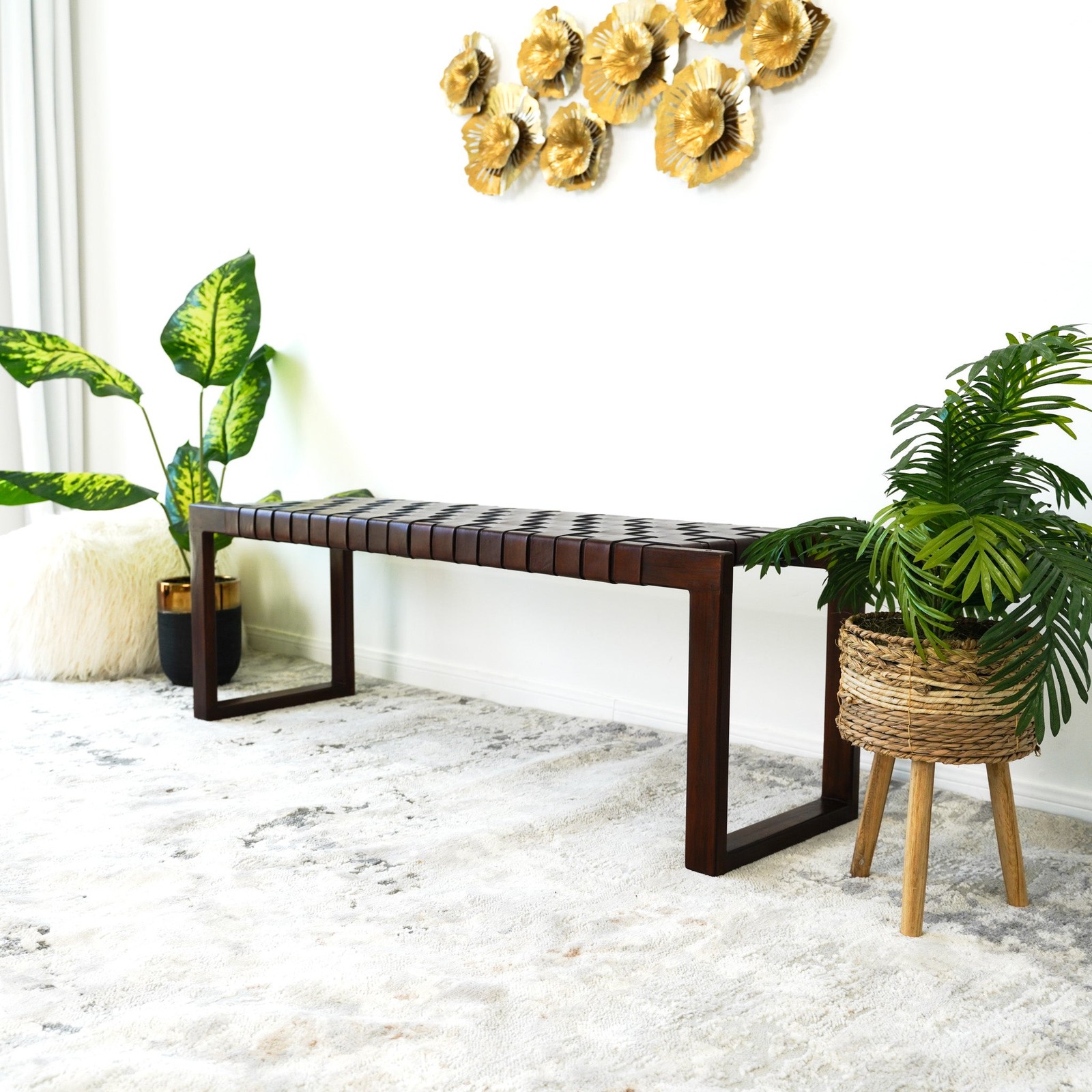 Christina Mid-Century Modern Leather Bench with Solid Wood Frame & Tapered Legs