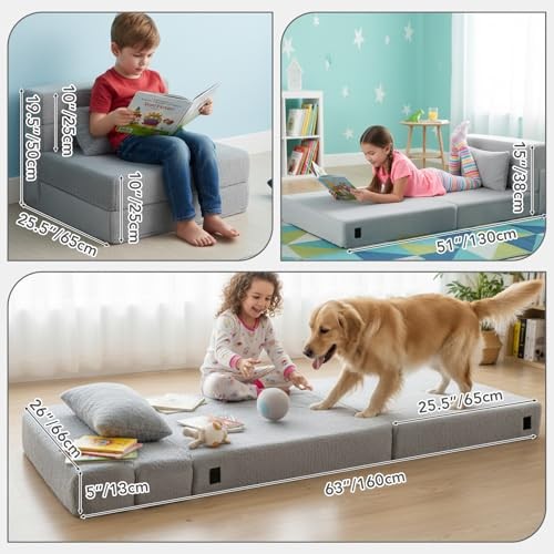 Kids Floor Mattress for Toddler, Child Fold Up Sofa Couch Plush Grey