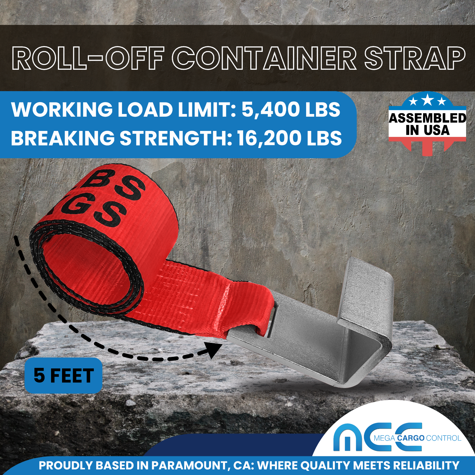 4 Pack USA 4" x 5' Roll Off Container Winch Strap w/ Large Flat Hook for Truck
