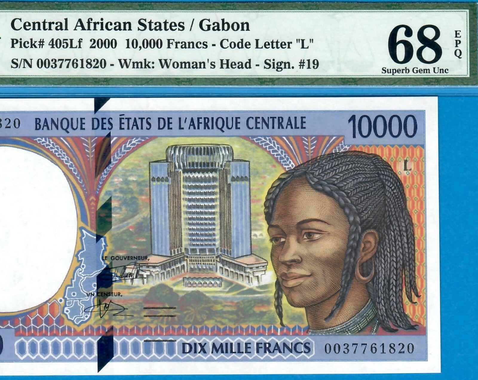 C.A.S /L GABON-10000 F-2000-S/N 0037761820-P.405Lf*PMG 68 SUPERB GEM UNC*TOP POP