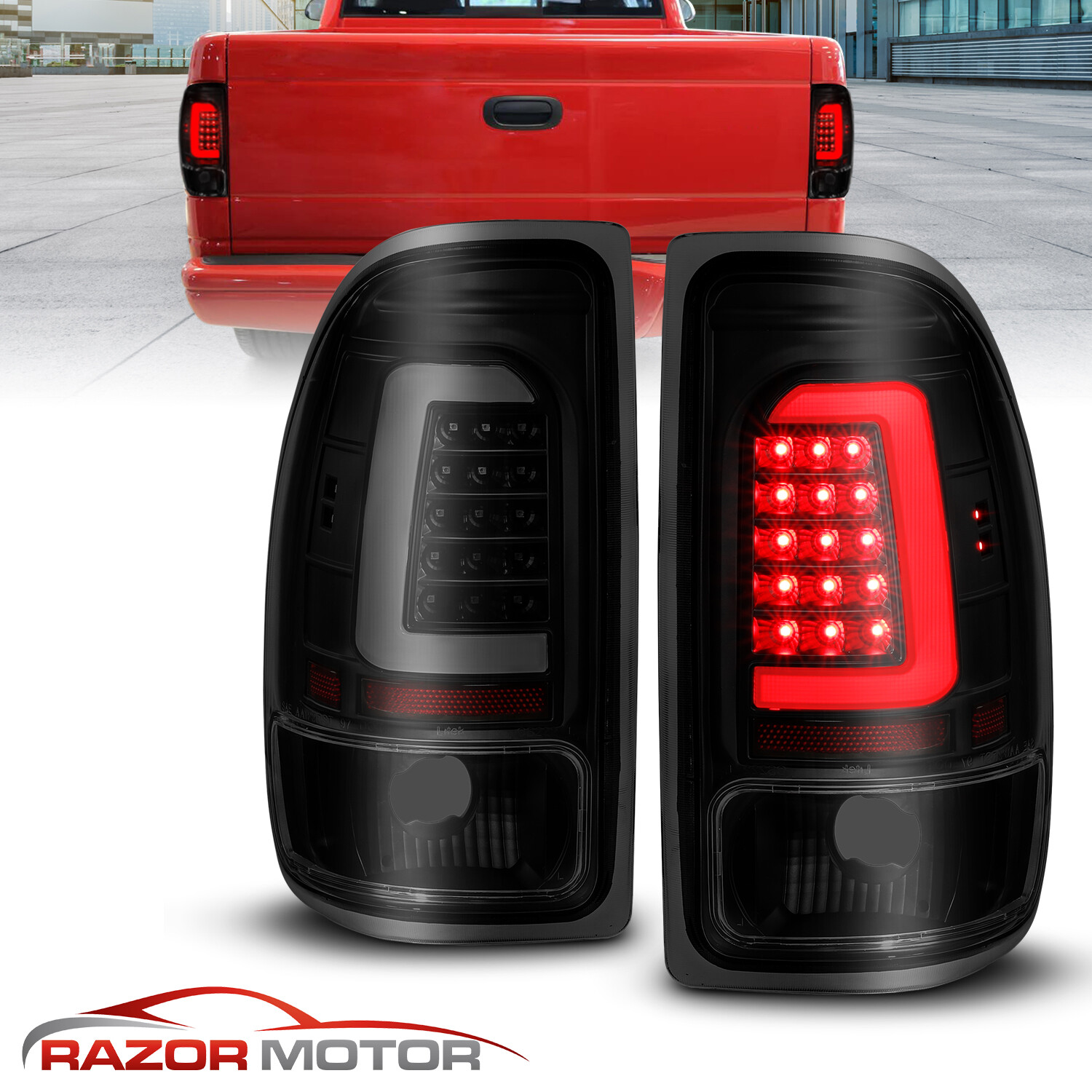 Fit 1997-04 Dodge Dakota Pickup C-Shape LED Tube Black Smoke TailLights Pair
