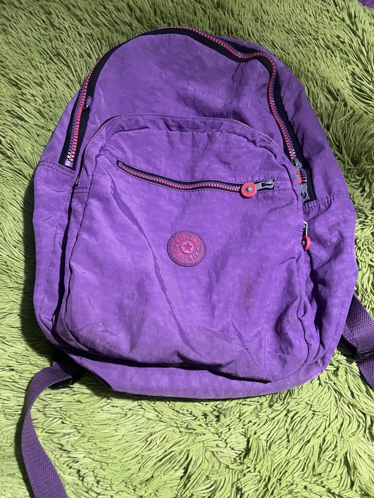 Kipling Purple Hiking Backpack Fabric Zipper Adjustable Straps 3 Pockets Logo