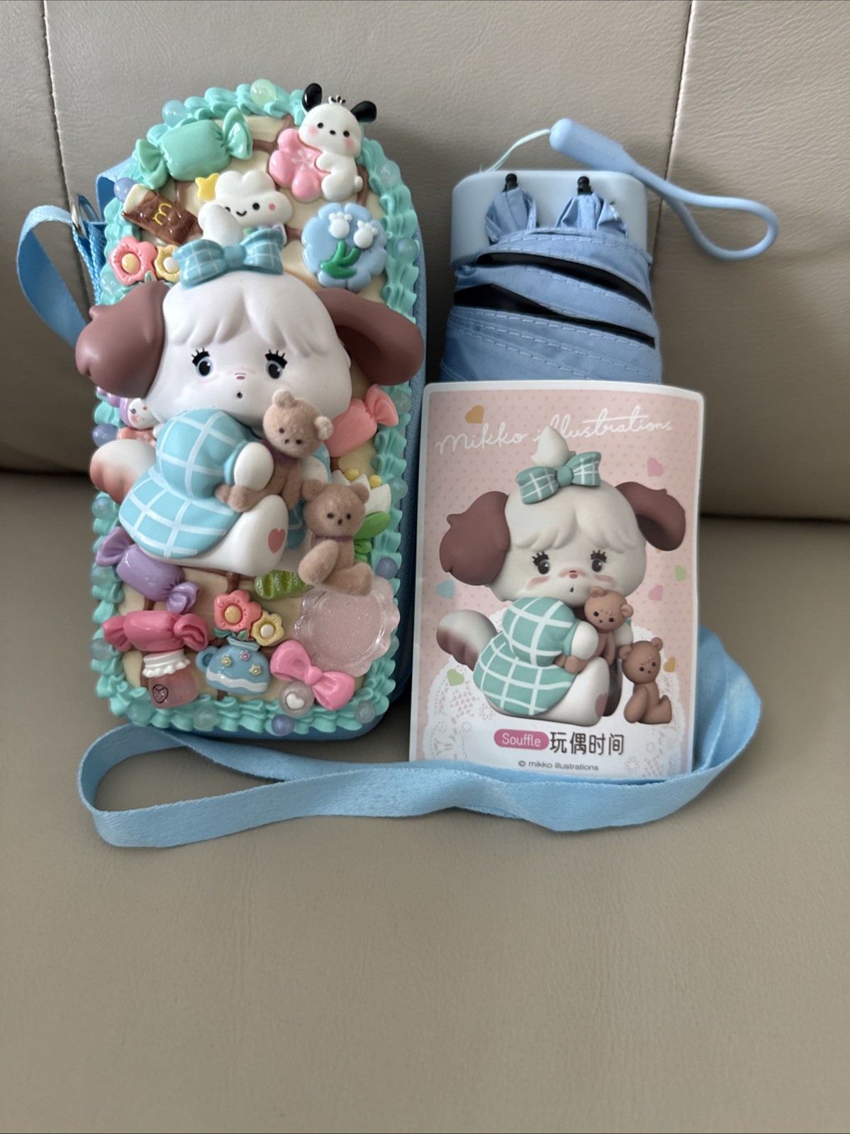 Hand Decorated Souffle Small Umbrella Case & Umbrella With Carry Strap & Card