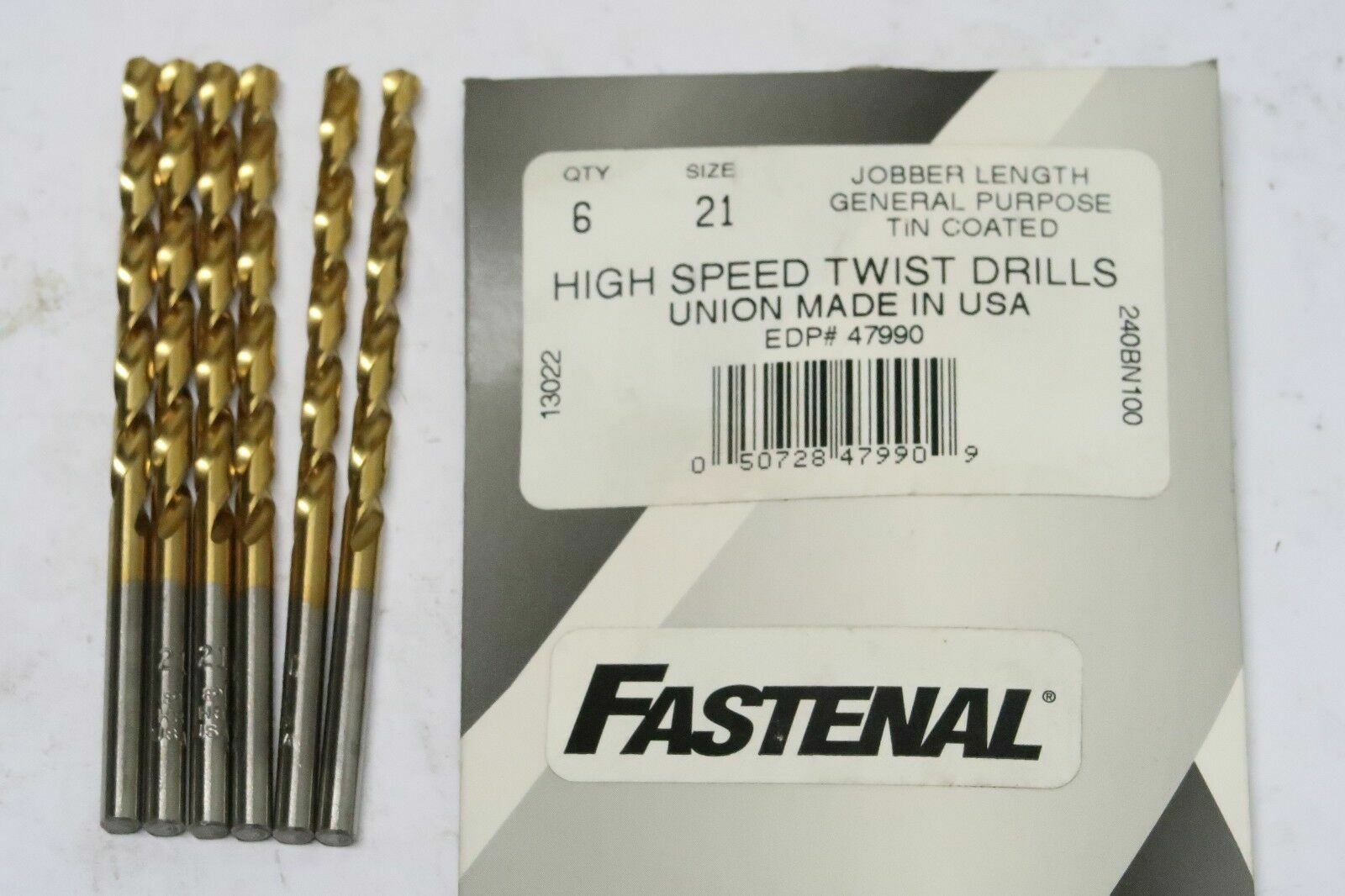 6 pcs FASTENAL #21 HSS Jobber Length TiN Coated Twist Drills 47990 USA