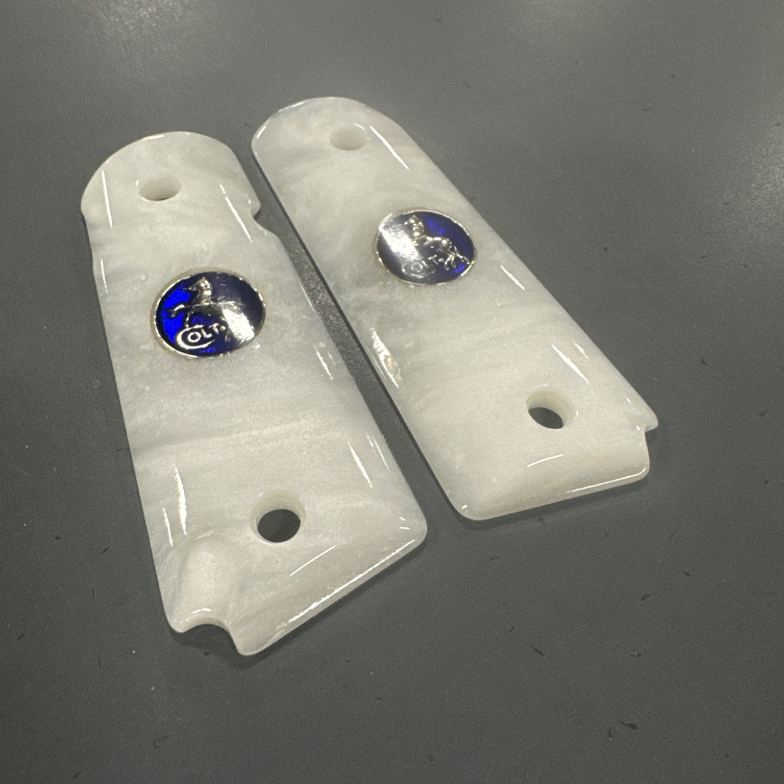 1911 White Pearl Acrylic Officers Size Gun Grips w/Blue & Silver Colt Medallions