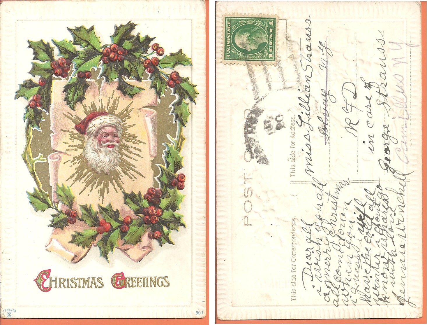 Christmas Greetings P.C. Santa and Holly, 1907-15