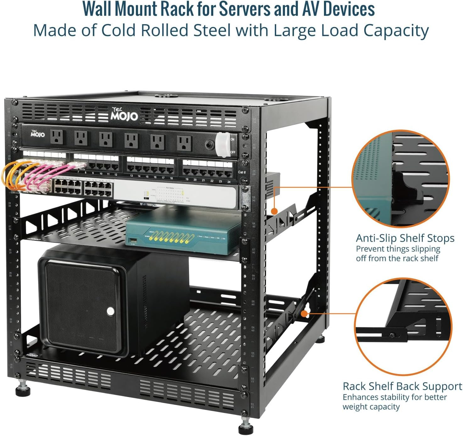 12U Open Frame Network Rack for IT & AV Gear, AV Rack Floor Standing or Wall Mou