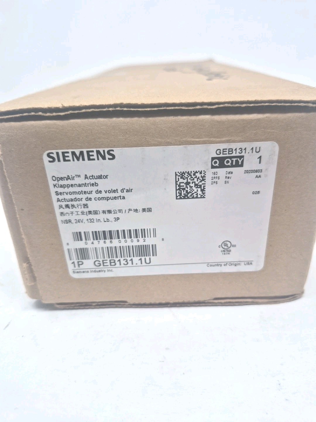 Siemens GEB131.1U Electric OpenAir Actuator, 132 In. Lb., Floating -New Open Box