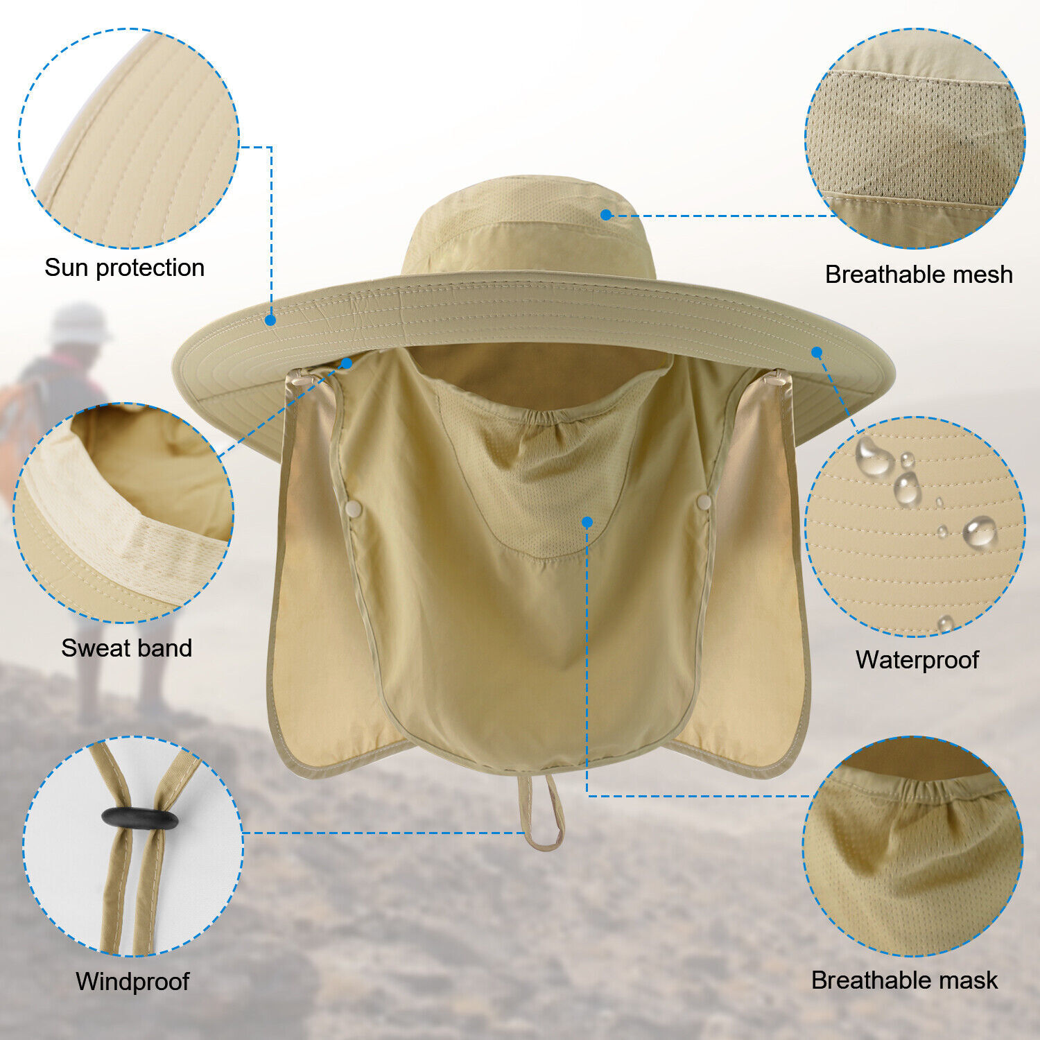 Wide Brim Sun Hat UV Protection Bucket Cap For Hiking Camping Fishing Safari Men