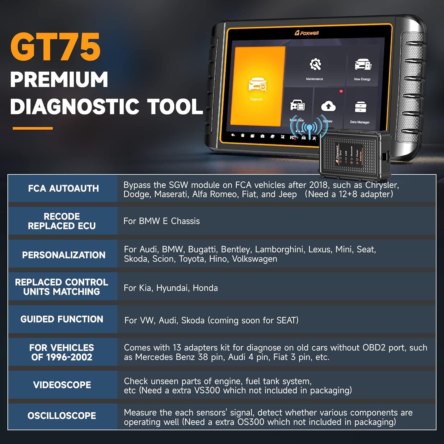 FOXWELL GT75 Bidirectional Car Diagnostic Tool OBD2 Scanner K-ey Coding TPMS