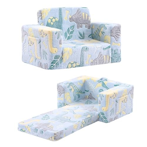 Toddler Chair Kids Couch, 2-in-1 Toddler Soft Sherpa Couch Fold Green Dinosaur