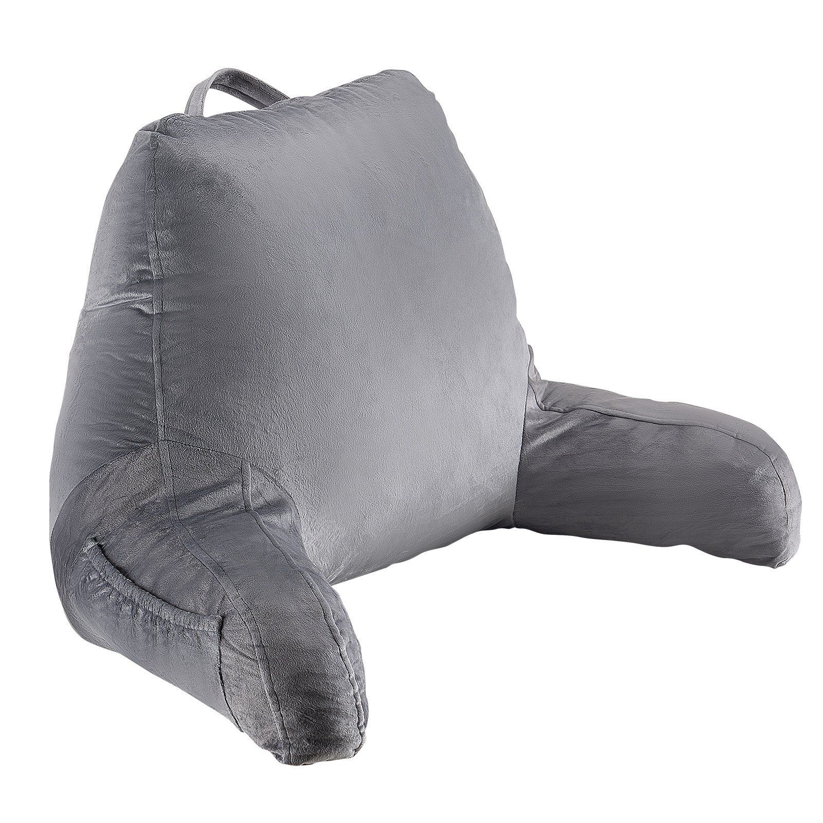 Standard Bed Reading Pillow - Memory Foam Fill, 3 Pockets, Velvet Cover w/Handle