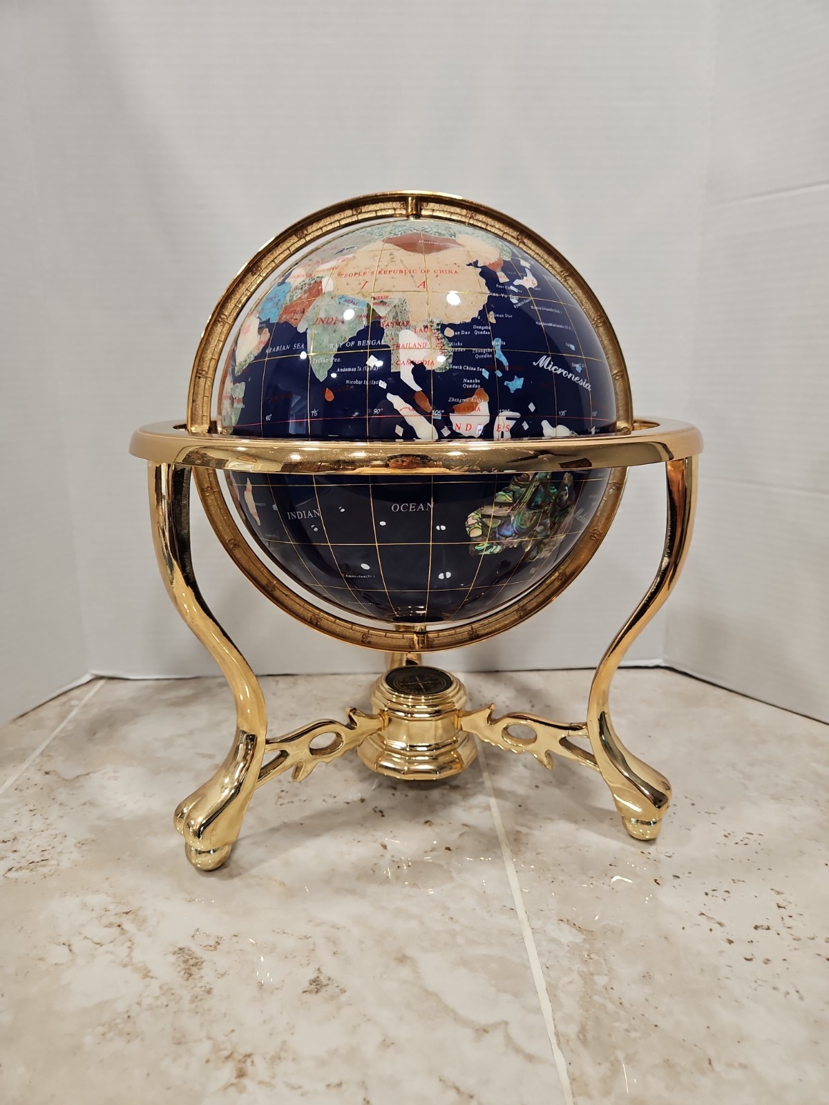 Revolving Gemstone Semi World Globe Brass Stand Large Globe 13" Tall