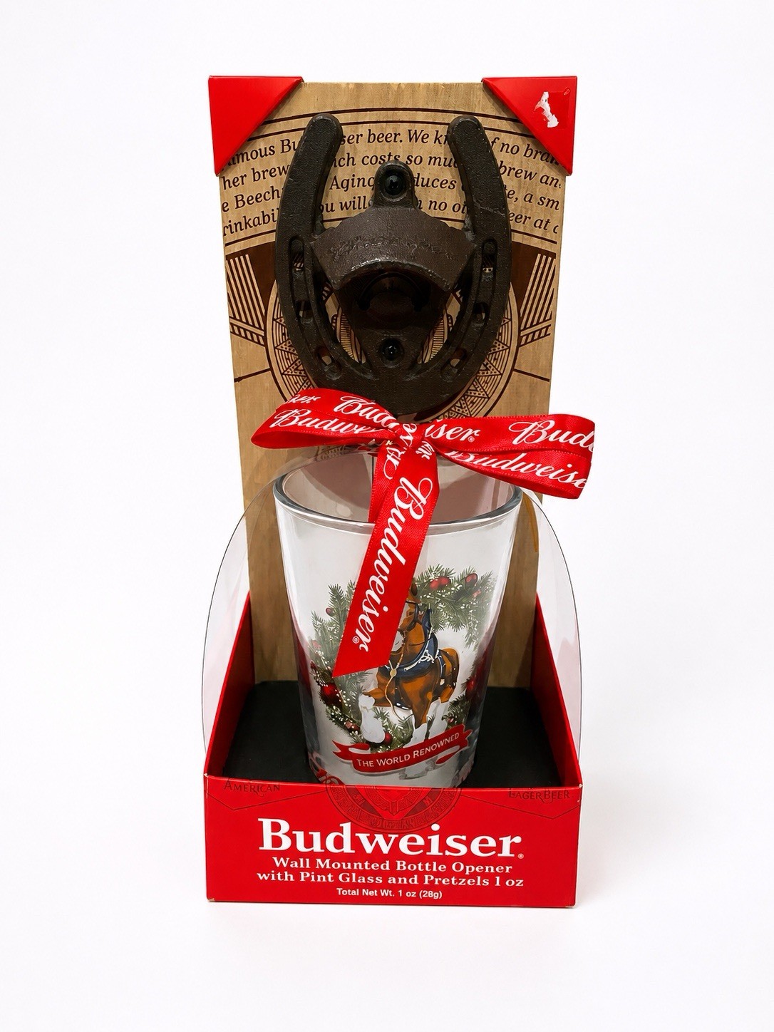 Budweiser Wall Mounted Horseshoe Bottle Opener with Pint Glass