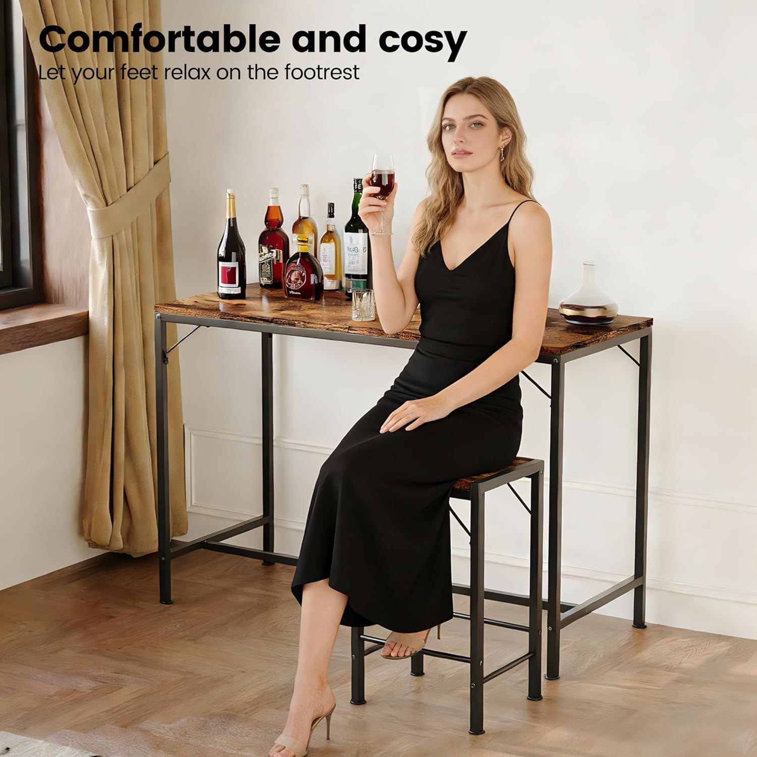 Bar Table and Chairs Set, Bar Table with 2 Stools, Space-Saving Dining Pub Set f